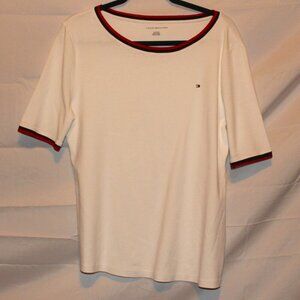 Tommy Hilfiger, Short Sleeve T-Shirt, XL, White w/ Blue & Red Trim, Cotton